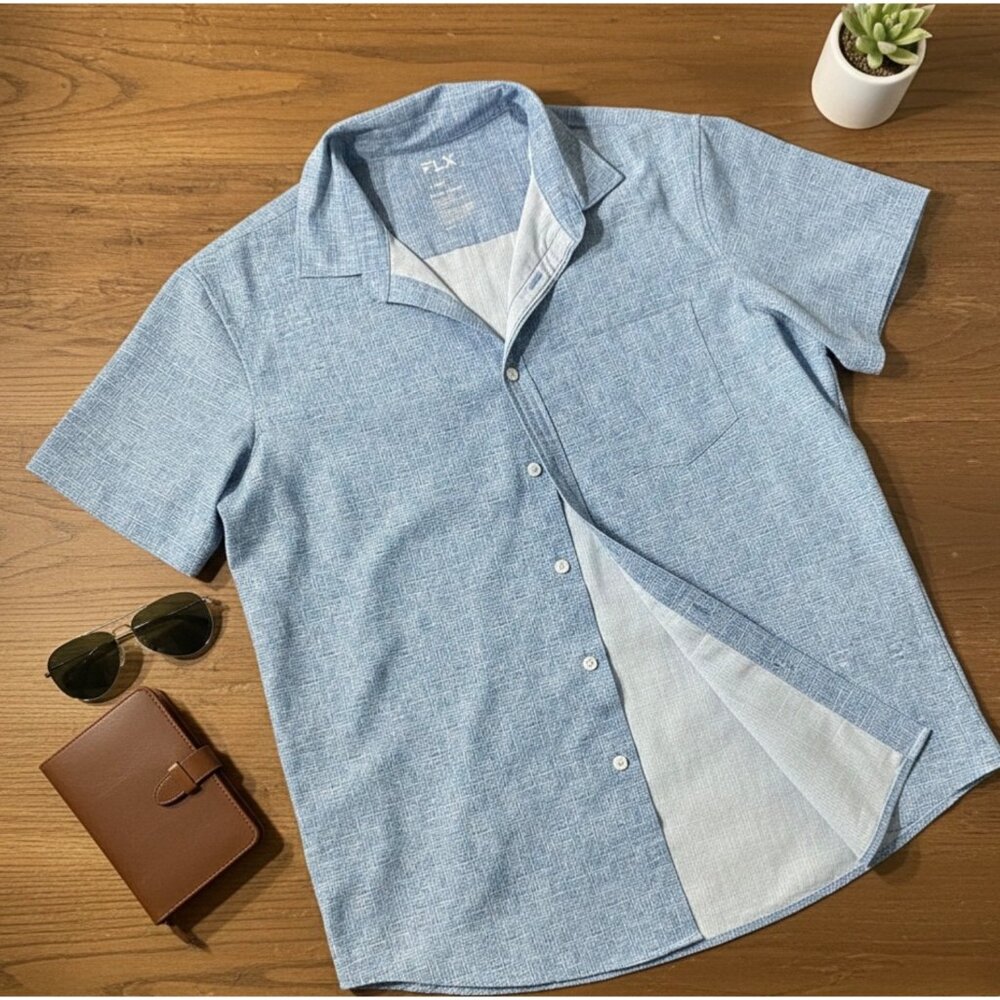 FLX Mens Slim Fit Short Sleeve Button-Up Shirt Blue Textured Size L